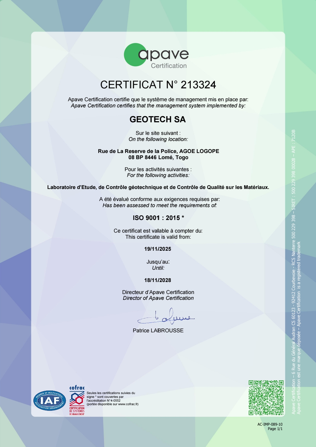 Certificat de Qualité GEOTECH SA